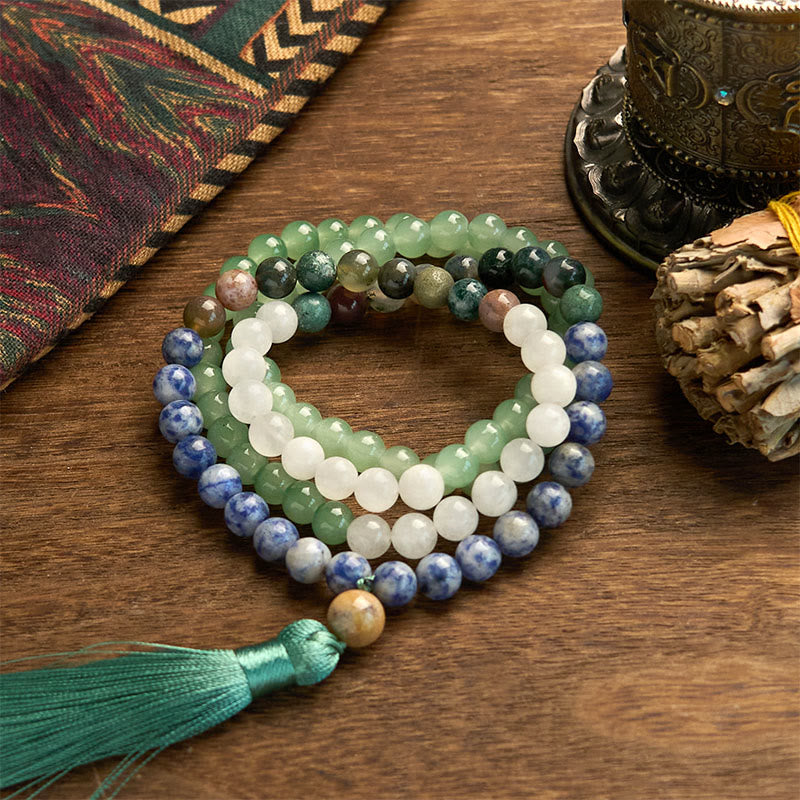 KarmaRipple's 108 Mala Beadwork Authentic Green Aventurine Blue Spot Jasper Indian Agate Green Tassel Fortune Bracelet p1