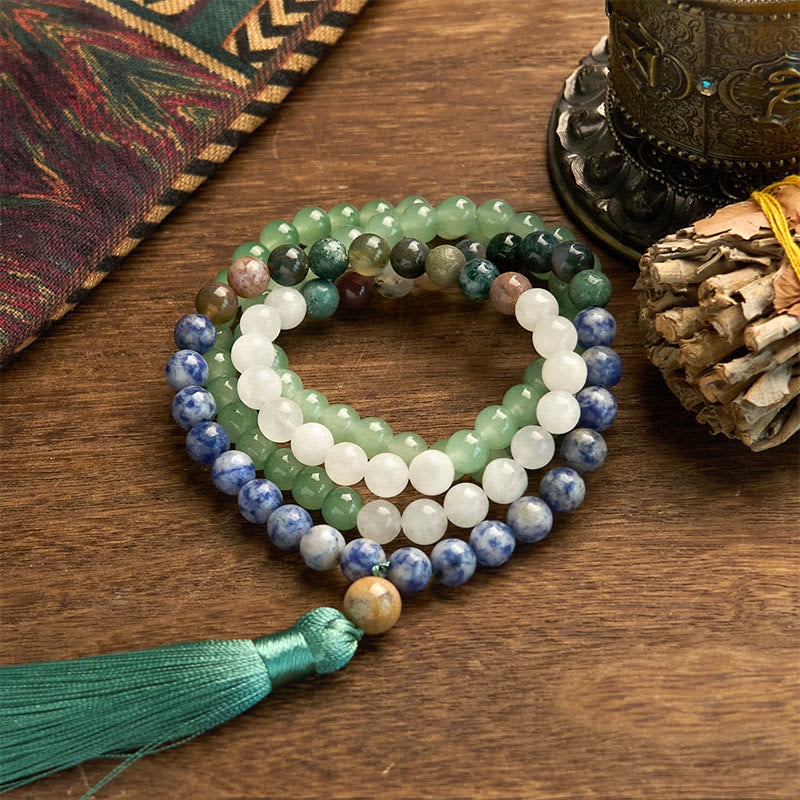 KarmaRipple's 108 Mala Beadwork Authentic Green Aventurine Blue Spot Jasper Indian Agate Green Tassel Fortune Bracelet p6