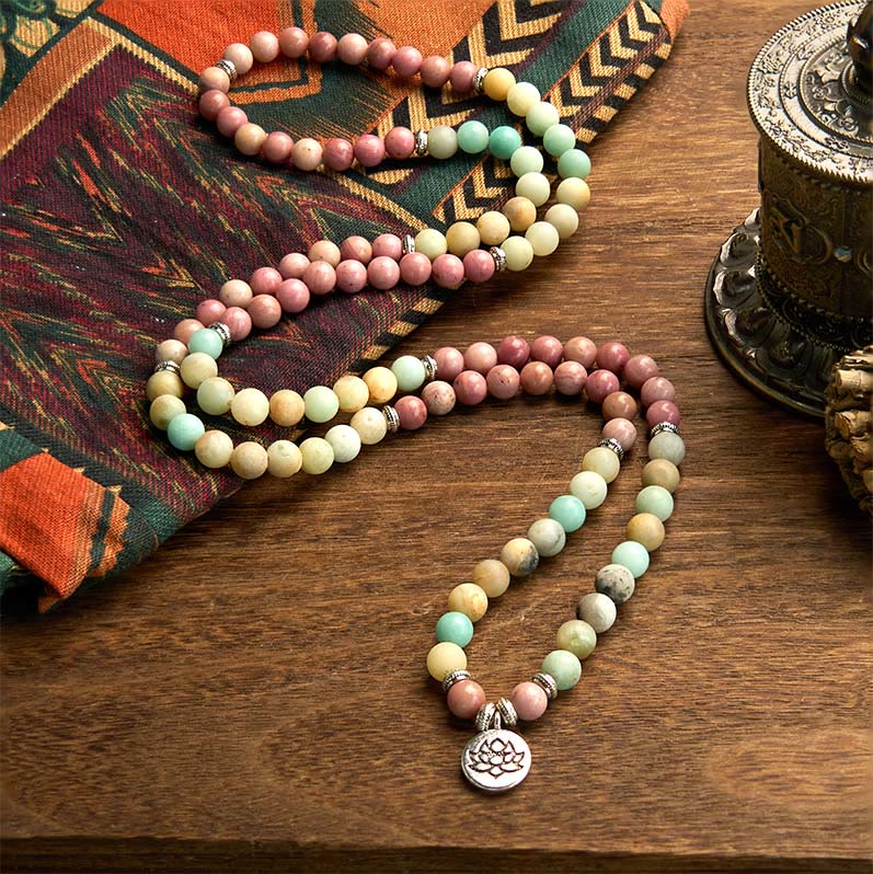 KarmaRipple's 108 Mala Rhodonite Amazonite Beadwork Lotus Compassion Bracelet p2