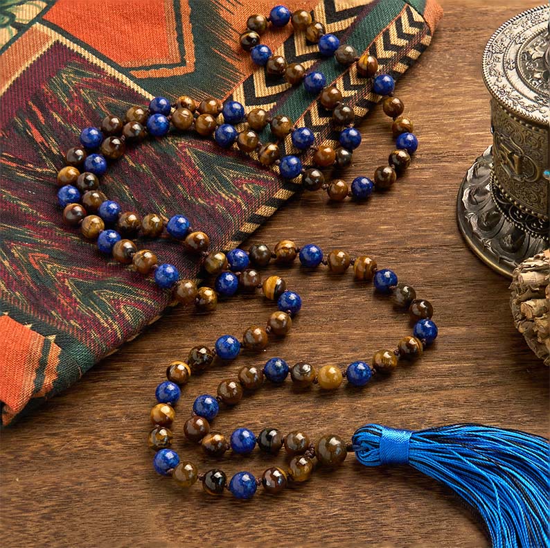 KarmaRipple's 108 Beadwork Authentic Stone Tiger Eye Lazurite Mala Tassel Protection Bracelet p2