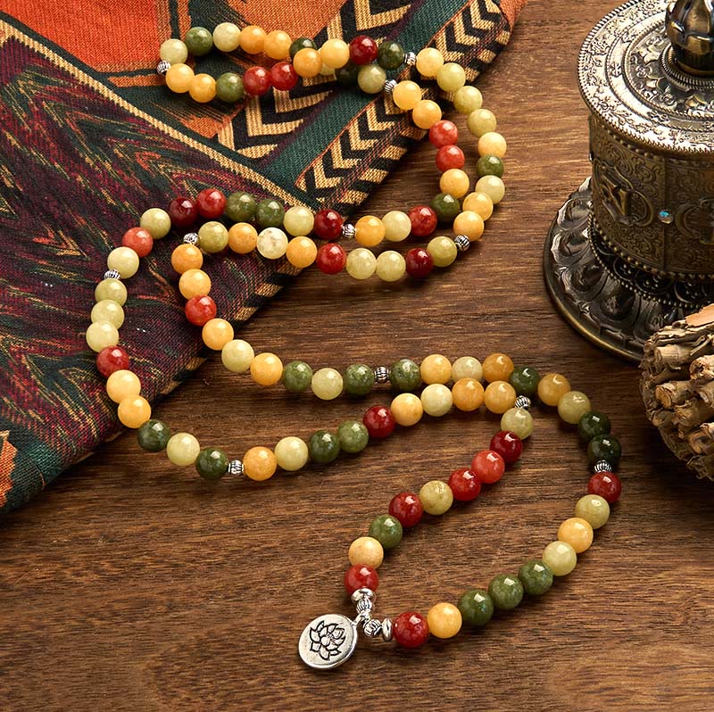 KarmaRipple's 108 Mala Beadwork Authentic Colored Stone Topaz Red Jasper Green Jasper Lotus Protection Bracelet p2