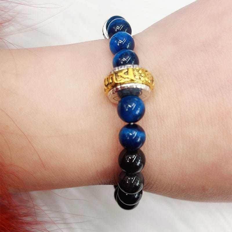 KarmaRipple's Silver Sheen Obsidian Blue Tiger Eye Om Mani Padme Hum Protection Bracelet p11
