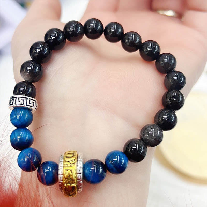 KarmaRipple's Silver Sheen Obsidian Blue Tiger Eye Om Mani Padme Hum Protection Bracelet p9