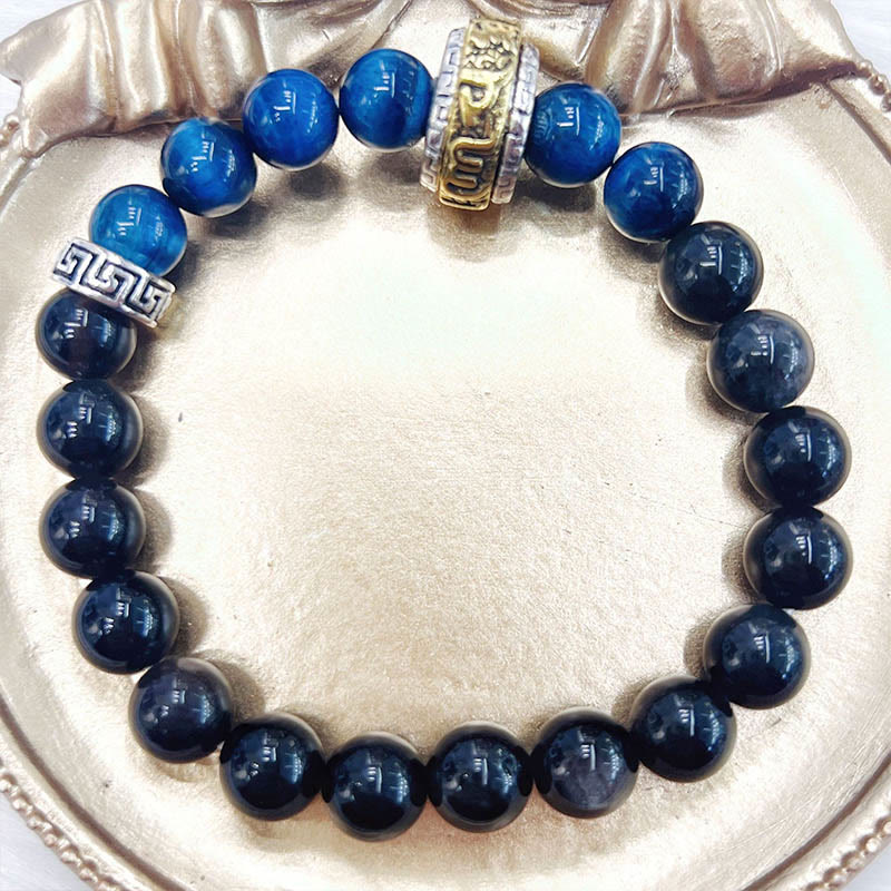 KarmaRipple's Silver Sheen Obsidian Blue Tiger Eye Om Mani Padme Hum Protection Bracelet p8