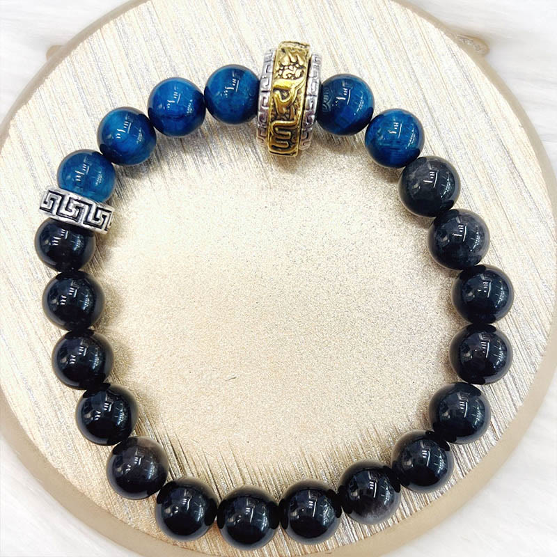 KarmaRipple's Silver Sheen Obsidian Blue Tiger Eye Om Mani Padme Hum Protection Bracelet p10