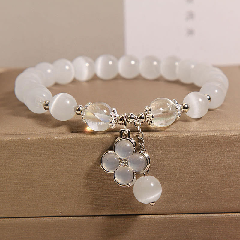 KarmaRipple's Cat's Eye Gemstone Fortunate Four Leaf Clover Talisman Love Bracelet p1