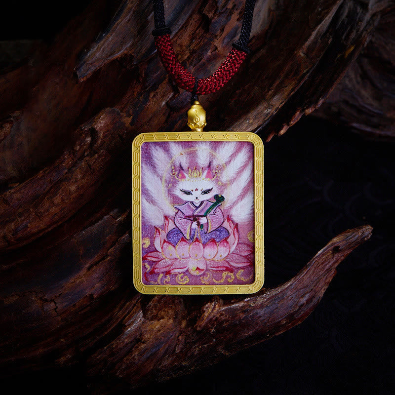 KarmaRipple's Tibetan Zakiram Nine Tailed Fox Yellow God of Wealth Painted Thangka Hope Pendant Necklace p21
