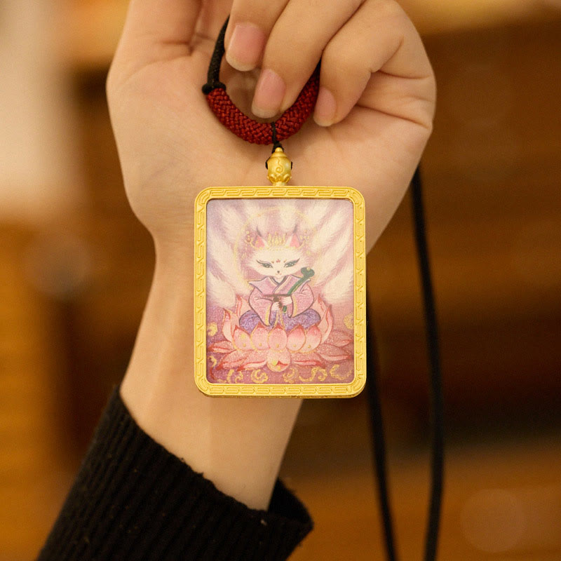 KarmaRipple's Tibetan Zakiram Nine Tailed Fox Yellow God of Wealth Painted Thangka Hope Pendant Necklace p14