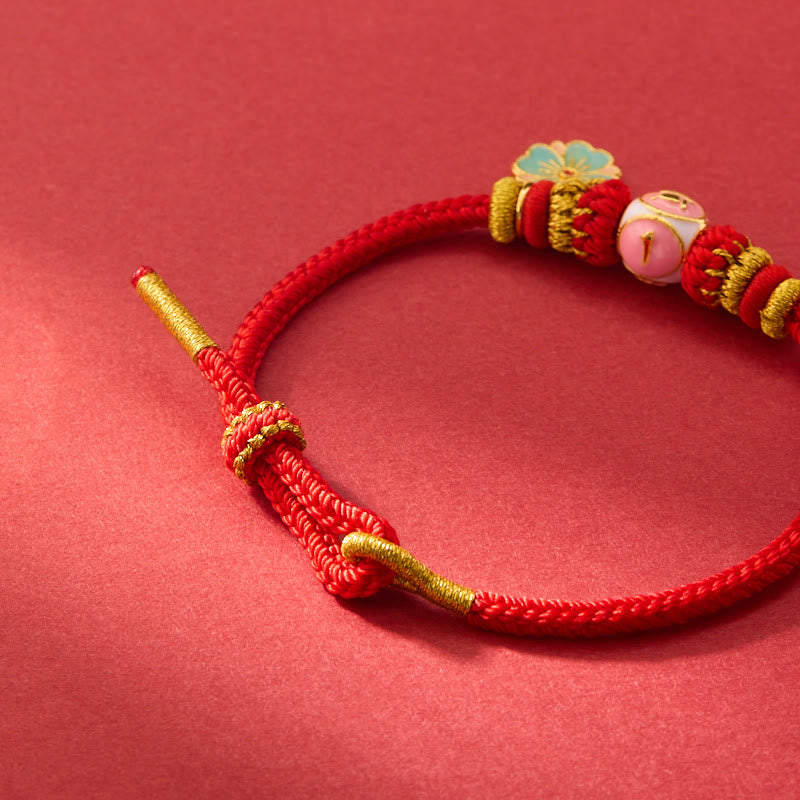 KarmaRipple's Red String Gold Plated Bronze Peach Blossom Yi Fan Feng Shun Protection Woven Bracelet p10