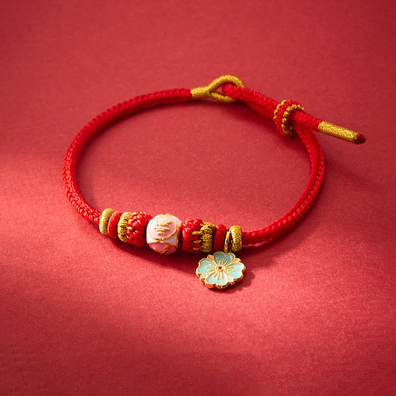 KarmaRipple's Red String Gold Plated Bronze Peach Blossom Yi Fan Feng Shun Protection Woven Bracelet p1
