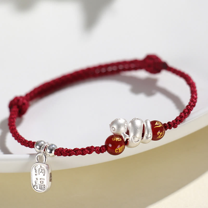 KarmaRipple's 999 Sterling Silver Year Of The Snake Red Agate Black Onyx Fortunate Fortune Six True Words Happiness Woven Bracelet p15
