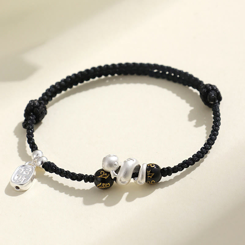 KarmaRipple's 999 Sterling Silver Year Of The Snake Red Agate Black Onyx Fortunate Fortune Six True Words Happiness Woven Bracelet p17