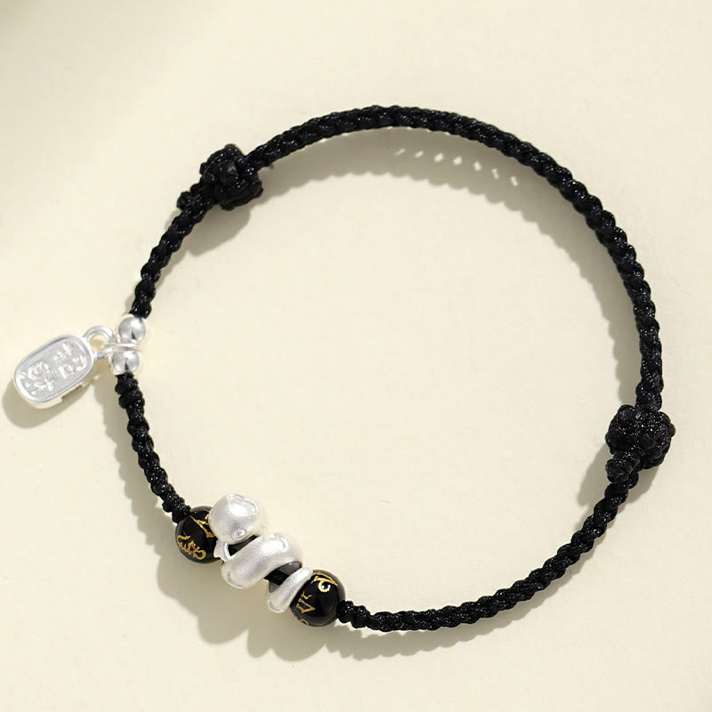 KarmaRipple's 999 Sterling Silver Year Of The Snake Red Agate Black Onyx Fortunate Fortune Six True Words Happiness Woven Bracelet p14