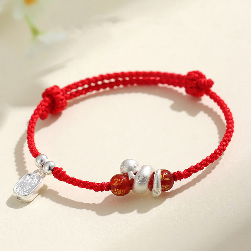 KarmaRipple's 999 Sterling Silver Year Of The Snake Red Agate Black Onyx Fortunate Fortune Six True Words Happiness Woven Bracelet p1