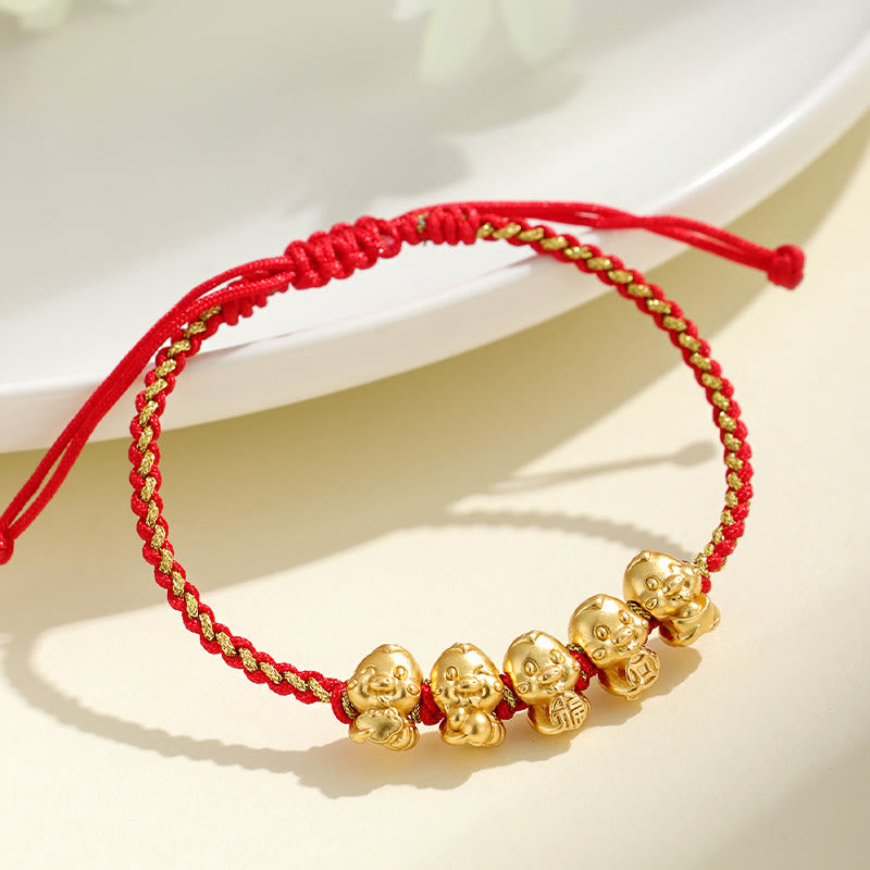 KarmaRipple's Handmade 999 Sterling Silver Golden Year Of Snake Fu Auspicious Clouds Ingot Bronze Coins Red String Fortune Woven Bracelet p13