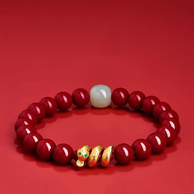 KarmaRipple's Cinnabar Bead Hetian Jade Year Of The Snake Blessing Bracelet p1