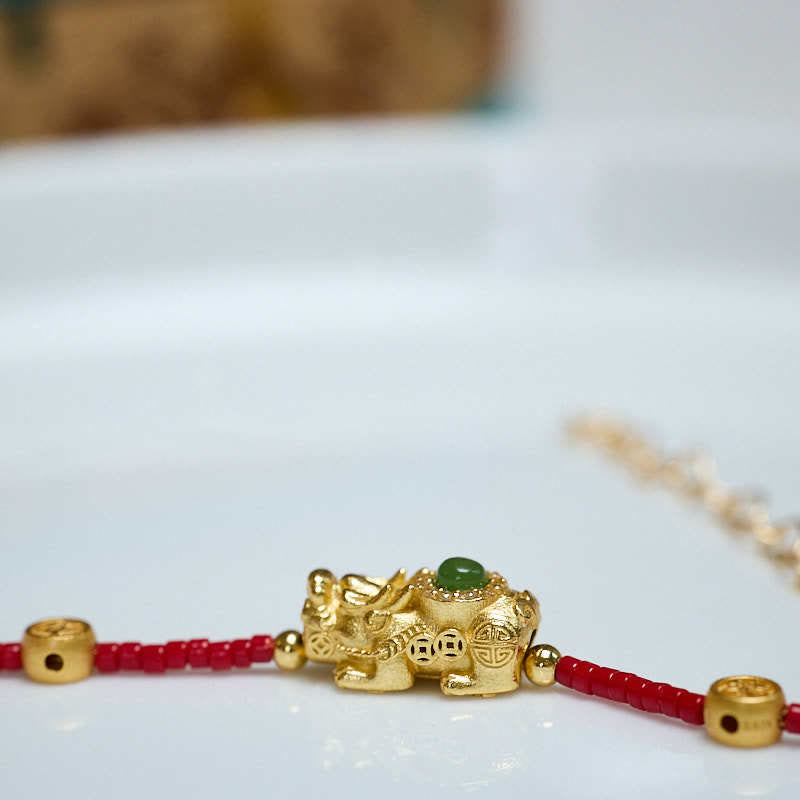 KarmaRipple's 24k Gold Plated 925 Sterling Silver Liuli Glass Bead PiXiu Four Leaf Clover Joy And Happiness Wealth Bracelet p11