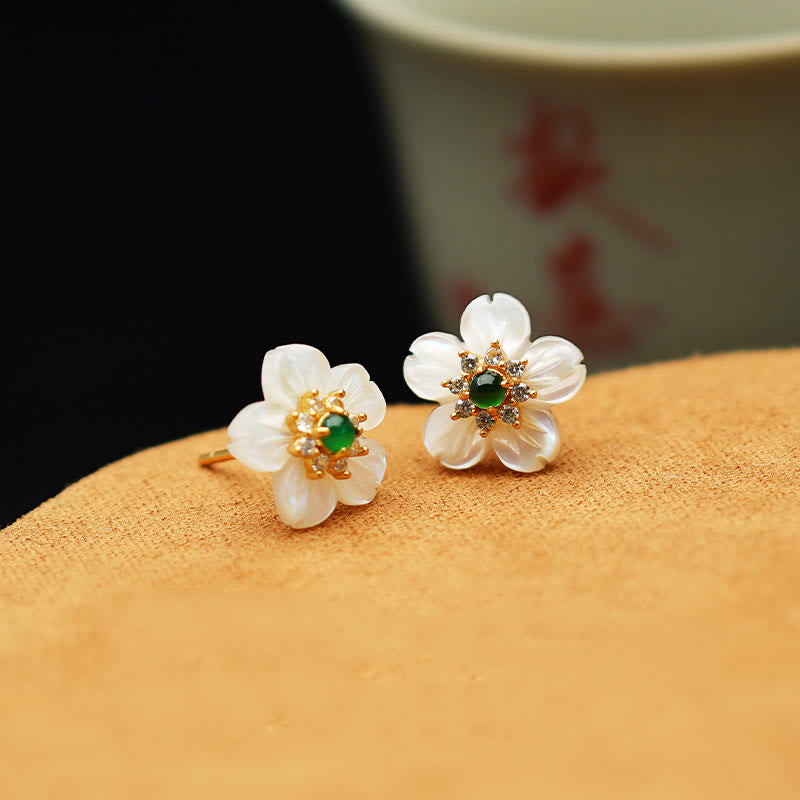 KarmaRipple's 925 Sterling Silver Tridacna Stone Jade Flower Blessing Earrings p4