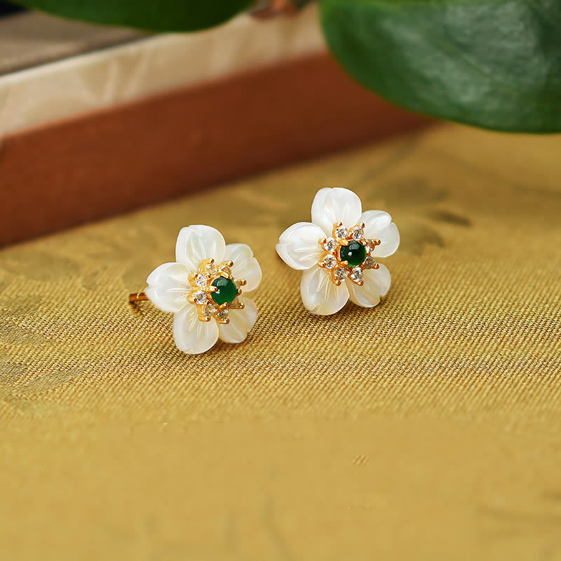 KarmaRipple's 925 Sterling Silver Tridacna Stone Jade Flower Blessing Earrings p2
