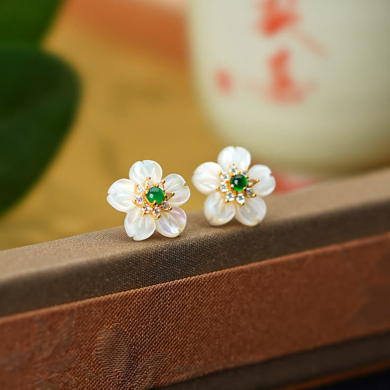 KarmaRipple's 925 Sterling Silver Tridacna Stone Jade Flower Blessing Earrings p3