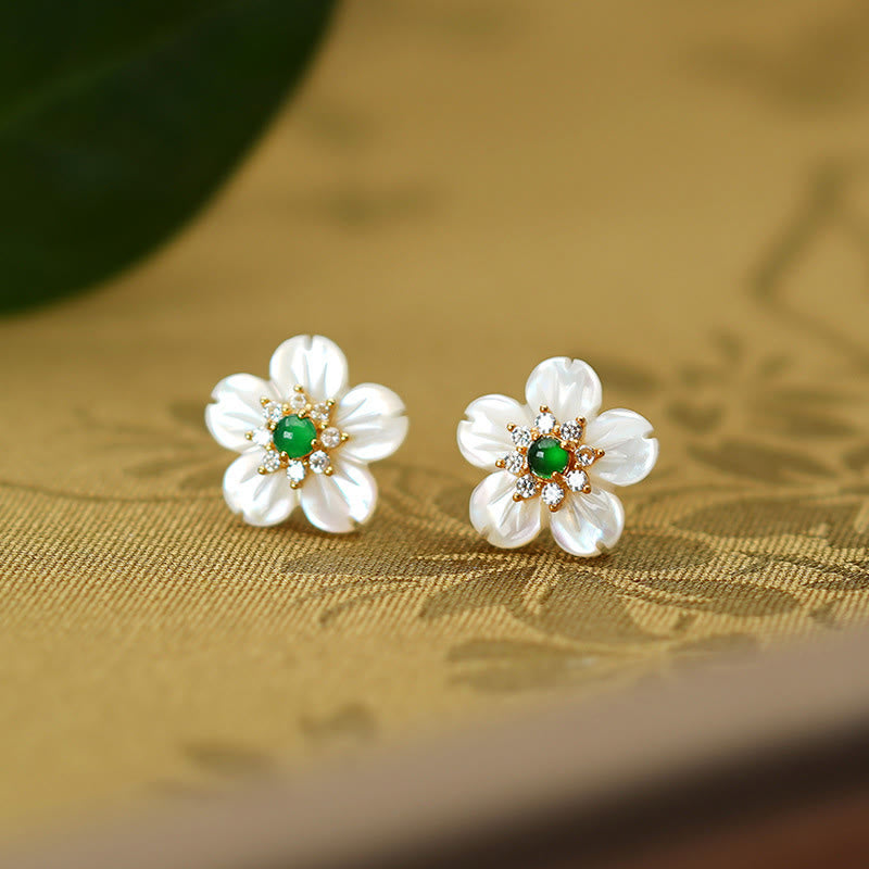 KarmaRipple's 925 Sterling Silver Tridacna Stone Jade Flower Blessing Earrings p5