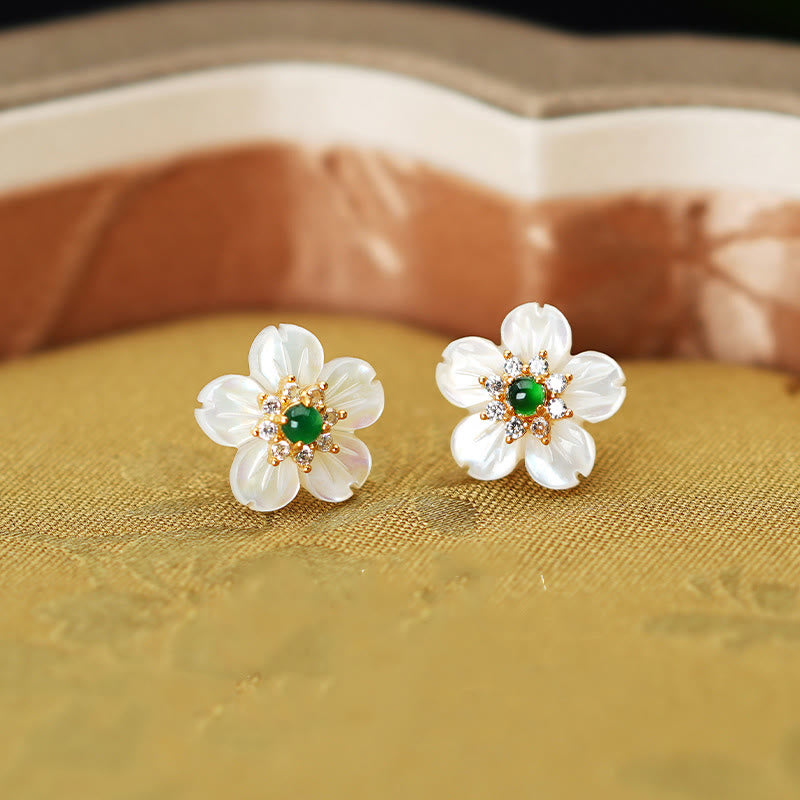 KarmaRipple's 925 Sterling Silver Tridacna Stone Jade Flower Blessing Earrings p1
