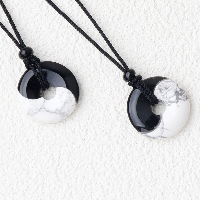 KarmaRipple's Authentic Black Obsidian Ivory Turquoise Yin Yang Peace Buckle Design Woven String Strength Pendant Necklace p15