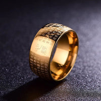 Bague d'équilibre en acier titane avec sceau tibétain et Sutra du cœur de KarmaRipple