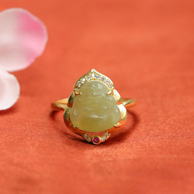 KarmaRipple's Authentic Hetian Jade Egg Gourd Bronze Laughing Buddha Open Fortune Ring p5