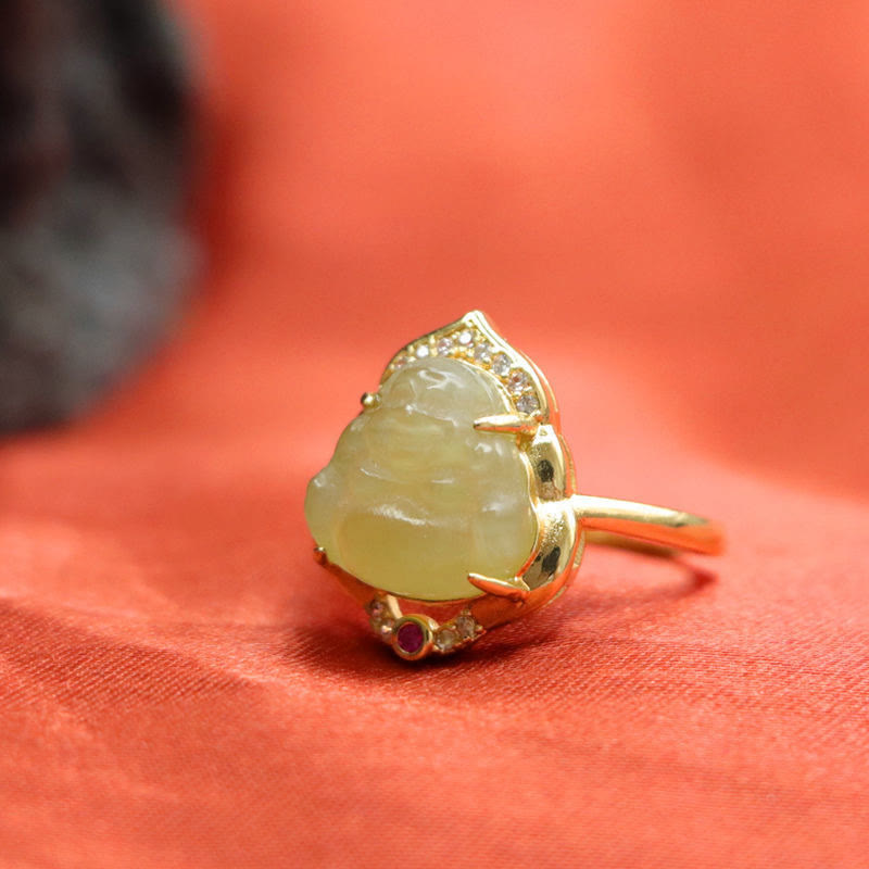 KarmaRipple's Authentic Hetian Jade Egg Gourd Bronze Laughing Buddha Open Fortune Ring p9