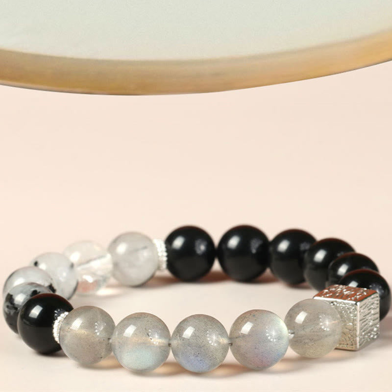 KarmaRipple's Black Obsidian Black Rutilated Quartz Moonstone Cube Strength Bracelet p5