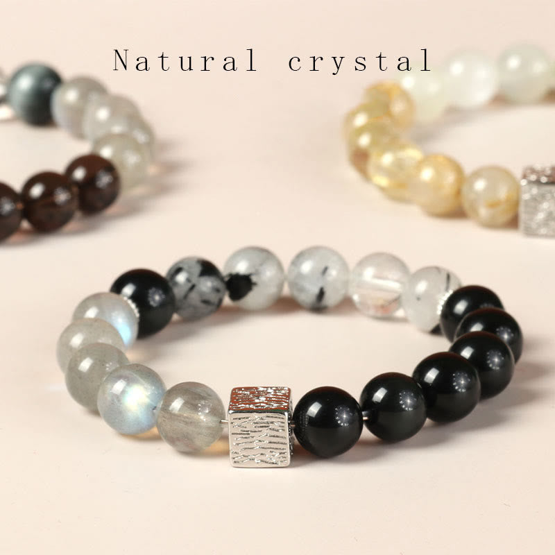 KarmaRipple's Black Obsidian Black Rutilated Quartz Moonstone Cube Strength Bracelet p21