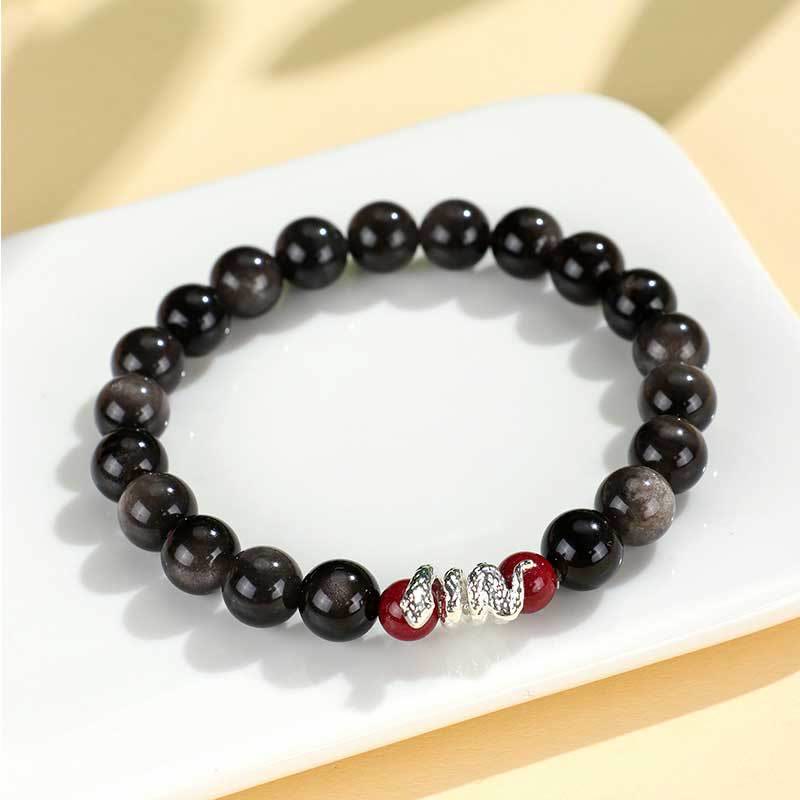 KarmaRipple's Silver Sheen Obsidian Cinnabar Bronze Year of the Snake Protection Bracelet p14