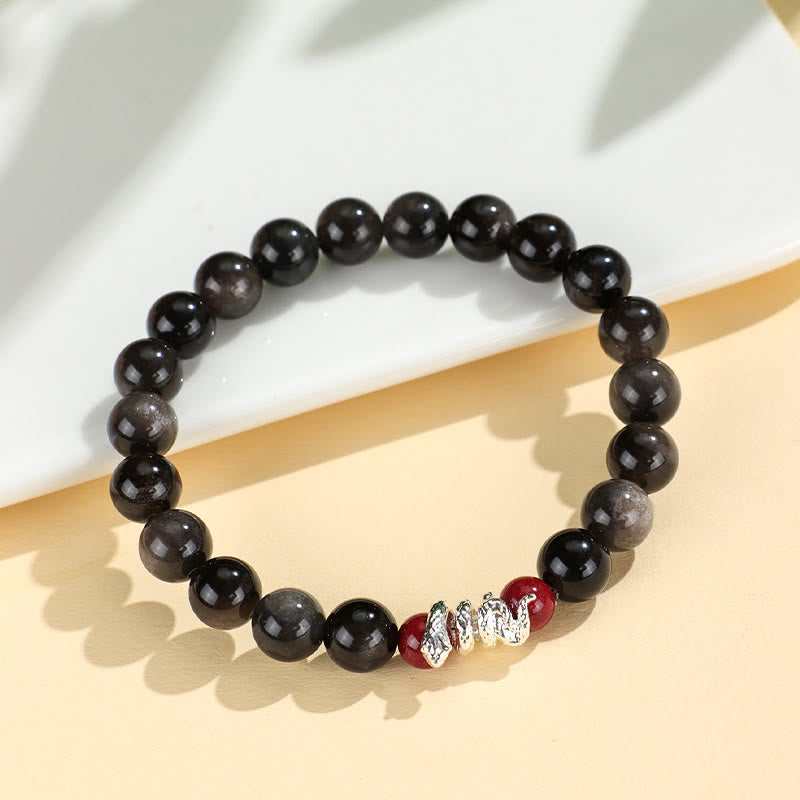 KarmaRipple's Silver Sheen Obsidian Cinnabar Bronze Year of the Snake Protection Bracelet p10