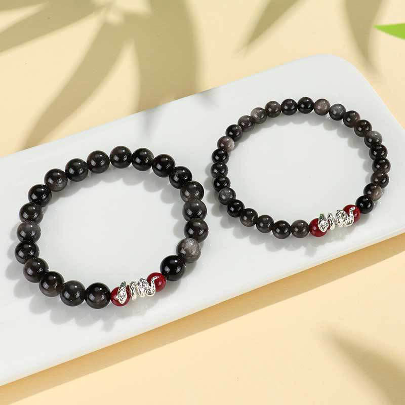 KarmaRipple's Silver Sheen Obsidian Cinnabar Bronze Year of the Snake Protection Bracelet p12