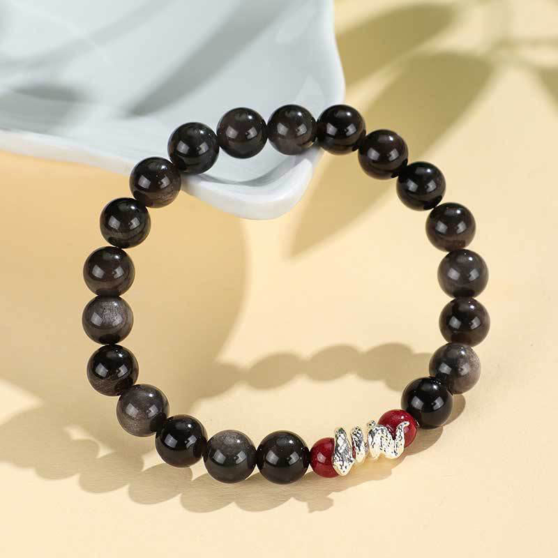 KarmaRipple's Silver Sheen Obsidian Cinnabar Bronze Year of the Snake Protection Bracelet p9