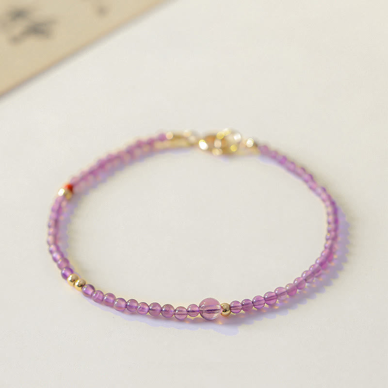 KarmaRipple's 2mm Ultra-Thin Beadwork Authentic Amethyst 14k Gold Plated Bronze Inner Peace Meditation Bracelet p16