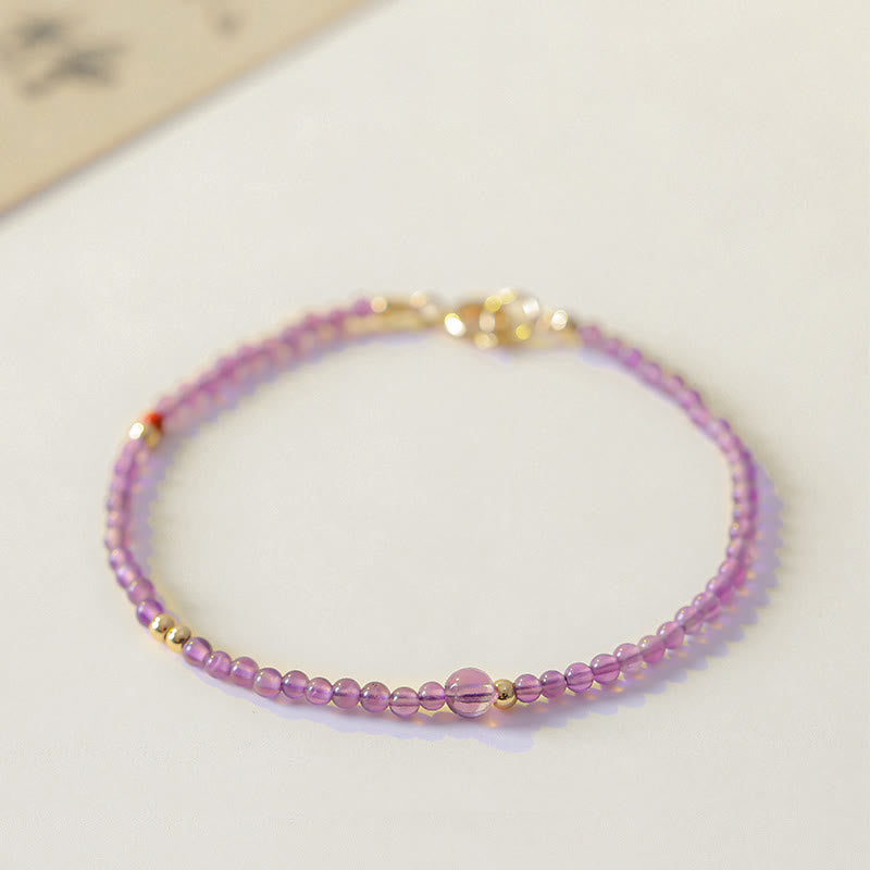 KarmaRipple's 2mm Ultra-Thin Beadwork Authentic Amethyst 14k Gold Plated Bronze Inner Peace Meditation Bracelet p19