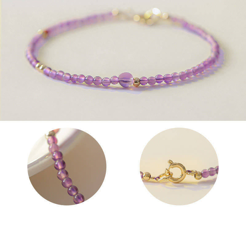 KarmaRipple's 2mm Ultra-Thin Beadwork Authentic Amethyst 14k Gold Plated Bronze Inner Peace Meditation Bracelet p15