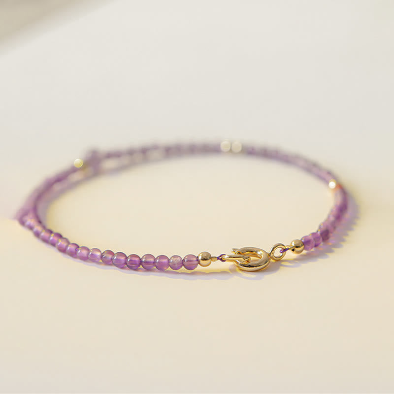 KarmaRipple's 2mm Ultra-Thin Beadwork Authentic Amethyst 14k Gold Plated Bronze Inner Peace Meditation Bracelet p7
