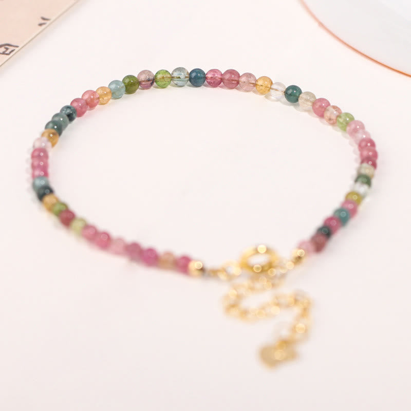 KarmaRipple's 2mm Multicolor Tourmaline Ultra-thin Beadwork 14k Gold Plated Bronze Wisdom Bracelet p4