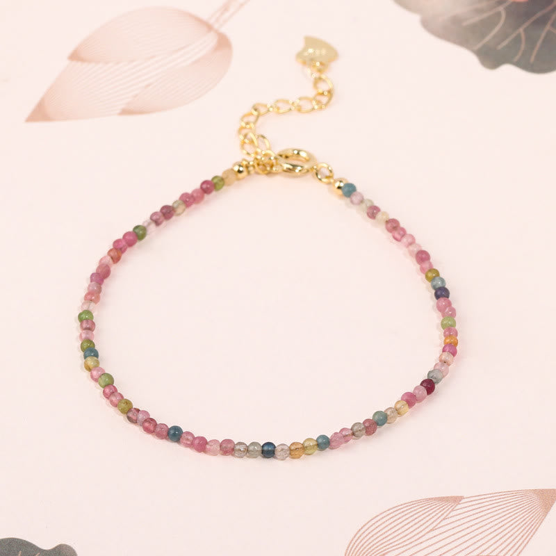 KarmaRipple's 2mm Multicolor Tourmaline Ultra-thin Beadwork 14k Gold Plated Bronze Wisdom Bracelet p12