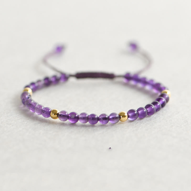 KarmaRipple's 4mm Handmade Authentic Amethyst 14k Gold Plated Bronze Beadwork Woven String Relieves Stress Bracelet p3