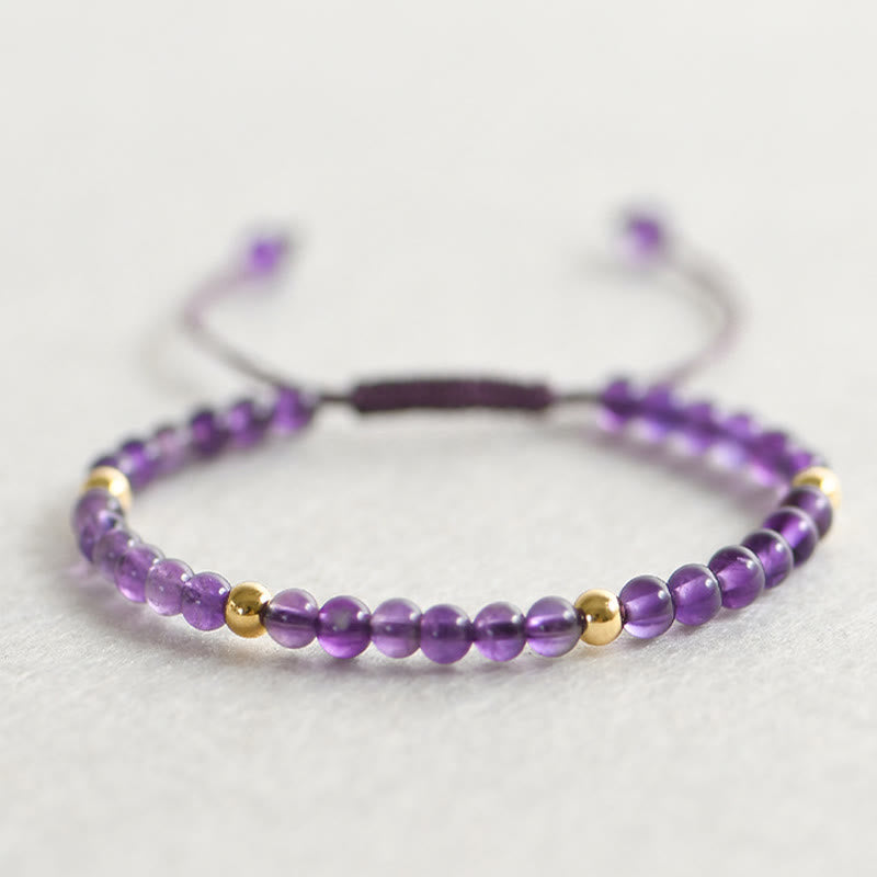 KarmaRipple's 4mm Handmade Authentic Amethyst 14k Gold Plated Bronze Beadwork Woven String Relieves Stress Bracelet p11