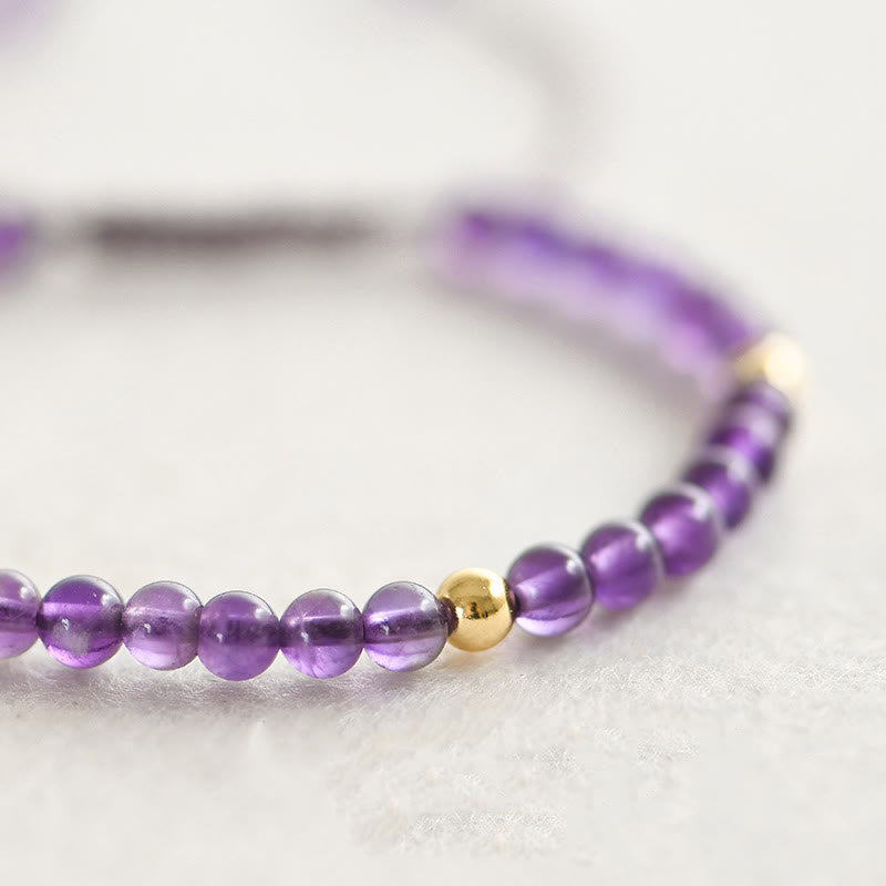 KarmaRipple's 4mm Handmade Authentic Amethyst 14k Gold Plated Bronze Beadwork Woven String Relieves Stress Bracelet p4