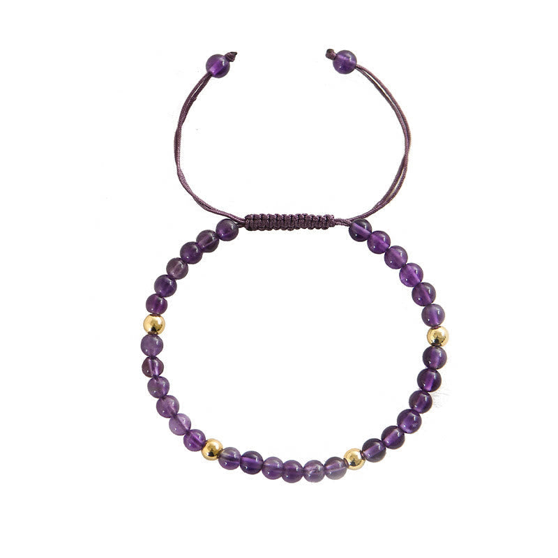KarmaRipple's 4mm Handmade Authentic Amethyst 14k Gold Plated Bronze Beadwork Woven String Relieves Stress Bracelet p10