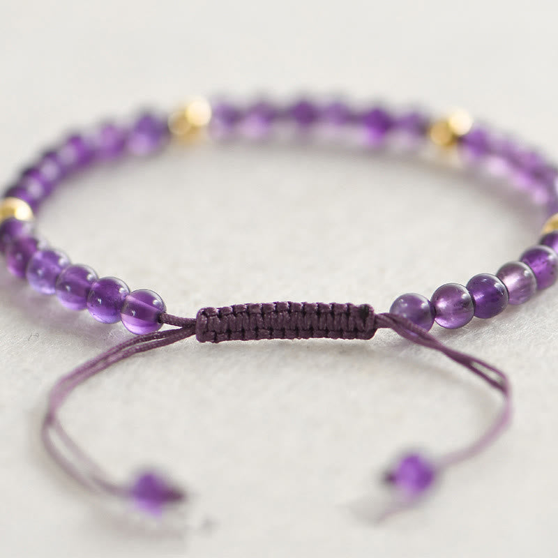 KarmaRipple's 4mm Handmade Authentic Amethyst 14k Gold Plated Bronze Beadwork Woven String Relieves Stress Bracelet p2