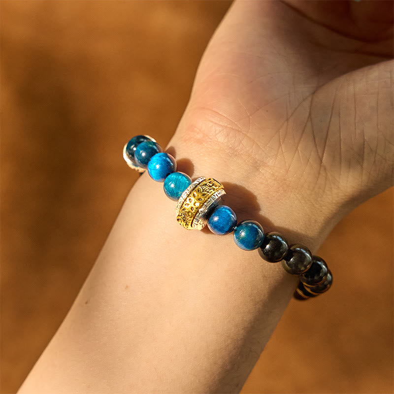 KarmaRipple's Silver Sheen Obsidian Blue Tiger Eye Om Mani Padme Hum Protection Bracelet p3