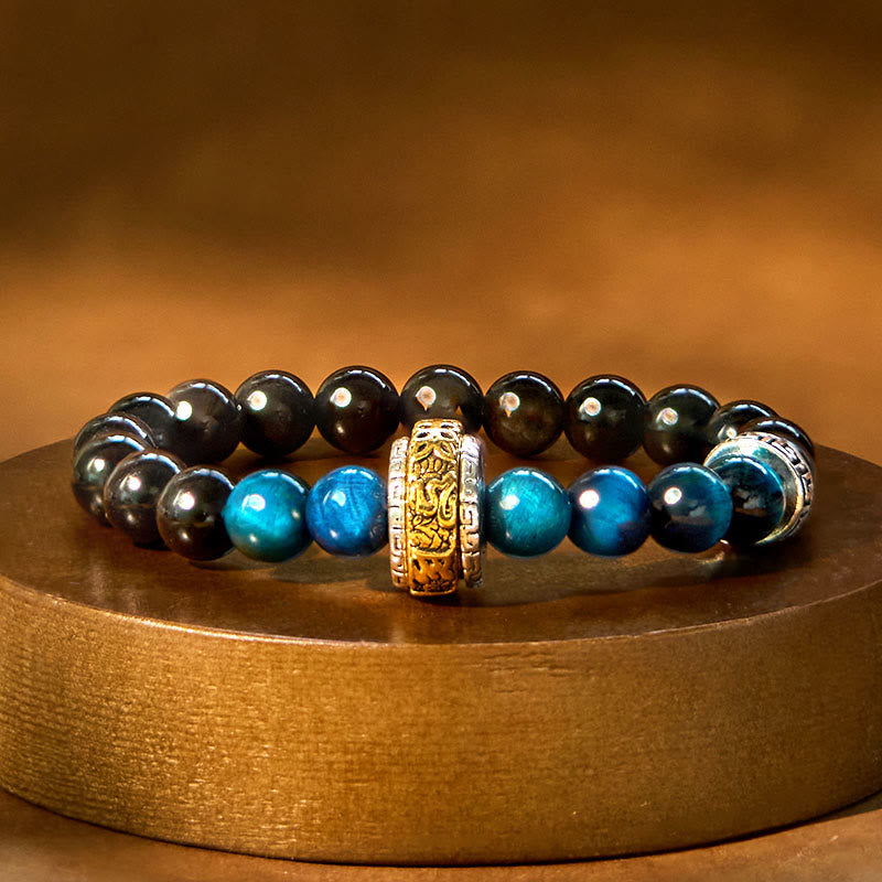 KarmaRipple's Silver Sheen Obsidian Blue Tiger Eye Om Mani Padme Hum Protection Bracelet p1