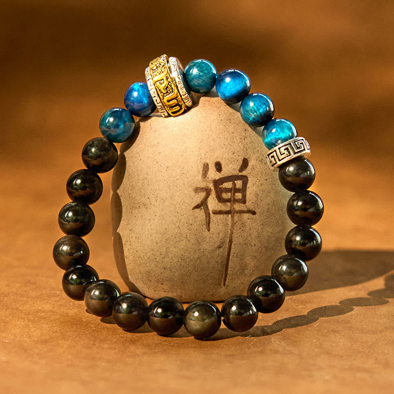 KarmaRipple's Silver Sheen Obsidian Blue Tiger Eye Om Mani Padme Hum Protection Bracelet p2